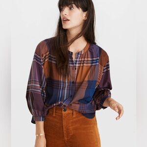 Madewell plaid cotton peasant blouse